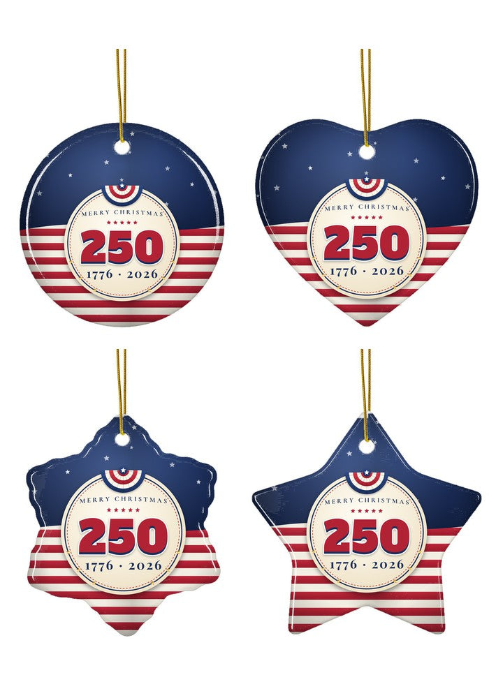 250th anniversary Christmas ornament 1776 to 2026 in circle, heart, snowflake and star