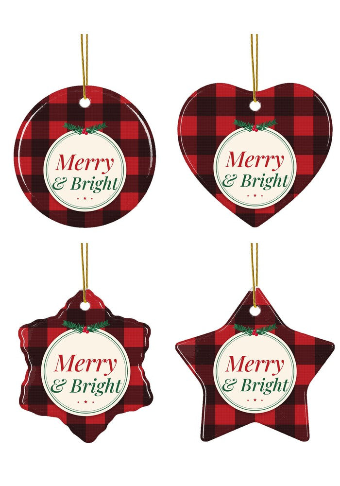 Buffalo Plaid Merry & Bright ornament in all four shapes: circle, heart, snowflake and star