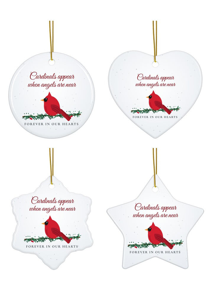 Cardinals Appear When Angels Are Near memorial ornament in all four shapes: circle, heart, snowflake and star