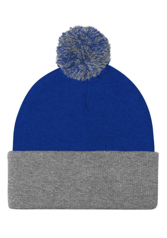 Custom Embroidered Pom-Pom Beanie in Royal/ Heather Grey
