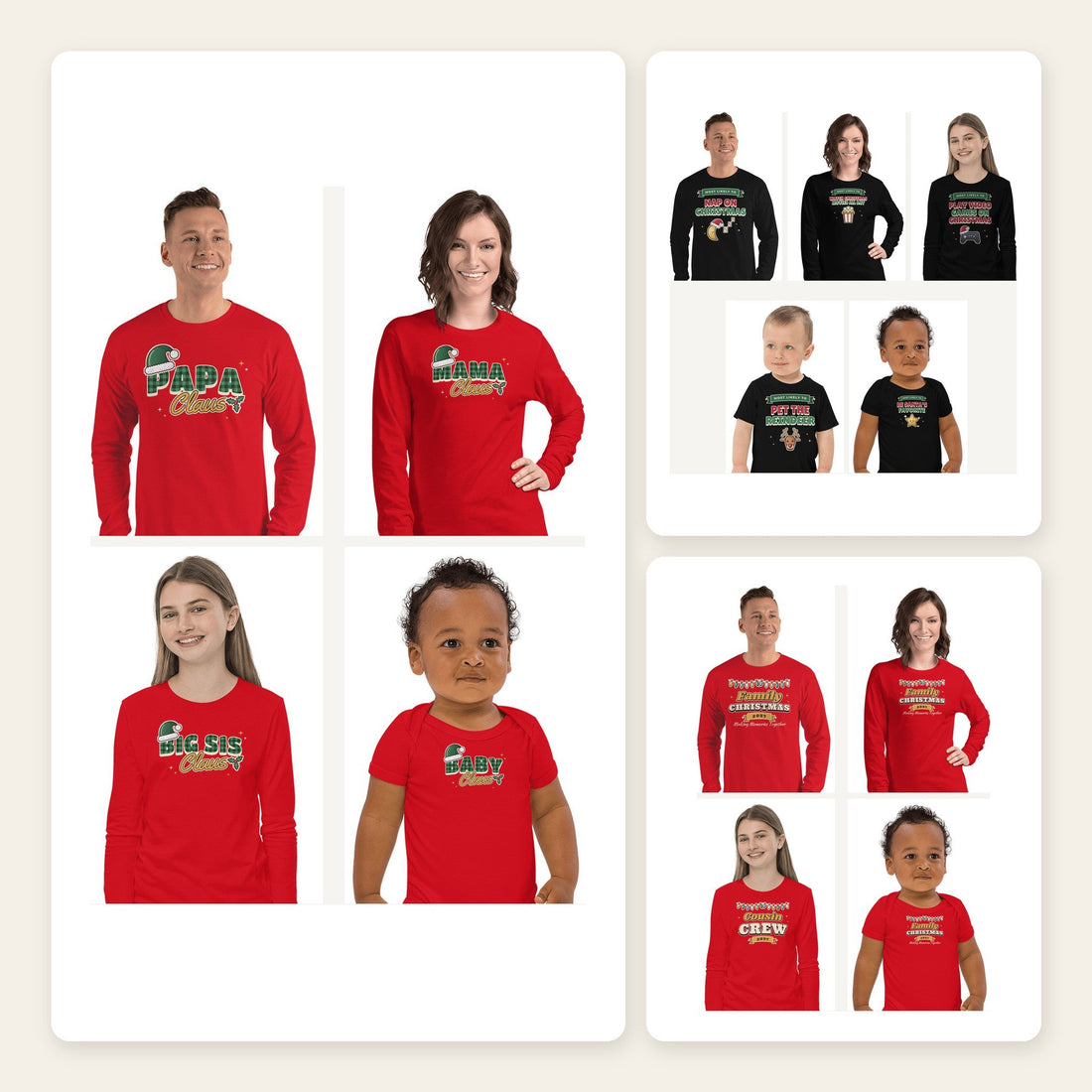 Family Christmas pajama shirts: red and black long-sleeve tops for adults and kids with matching baby bodysuits