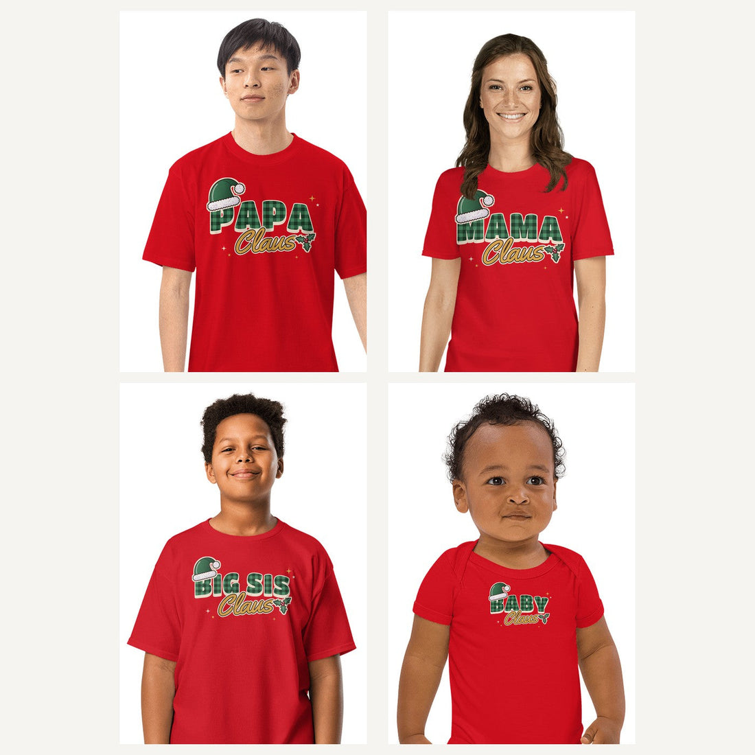 Red Claus family Christmas shirts: Papa Claus, Mama Claus, Big Sis Claus and a Baby Claus bodysuit