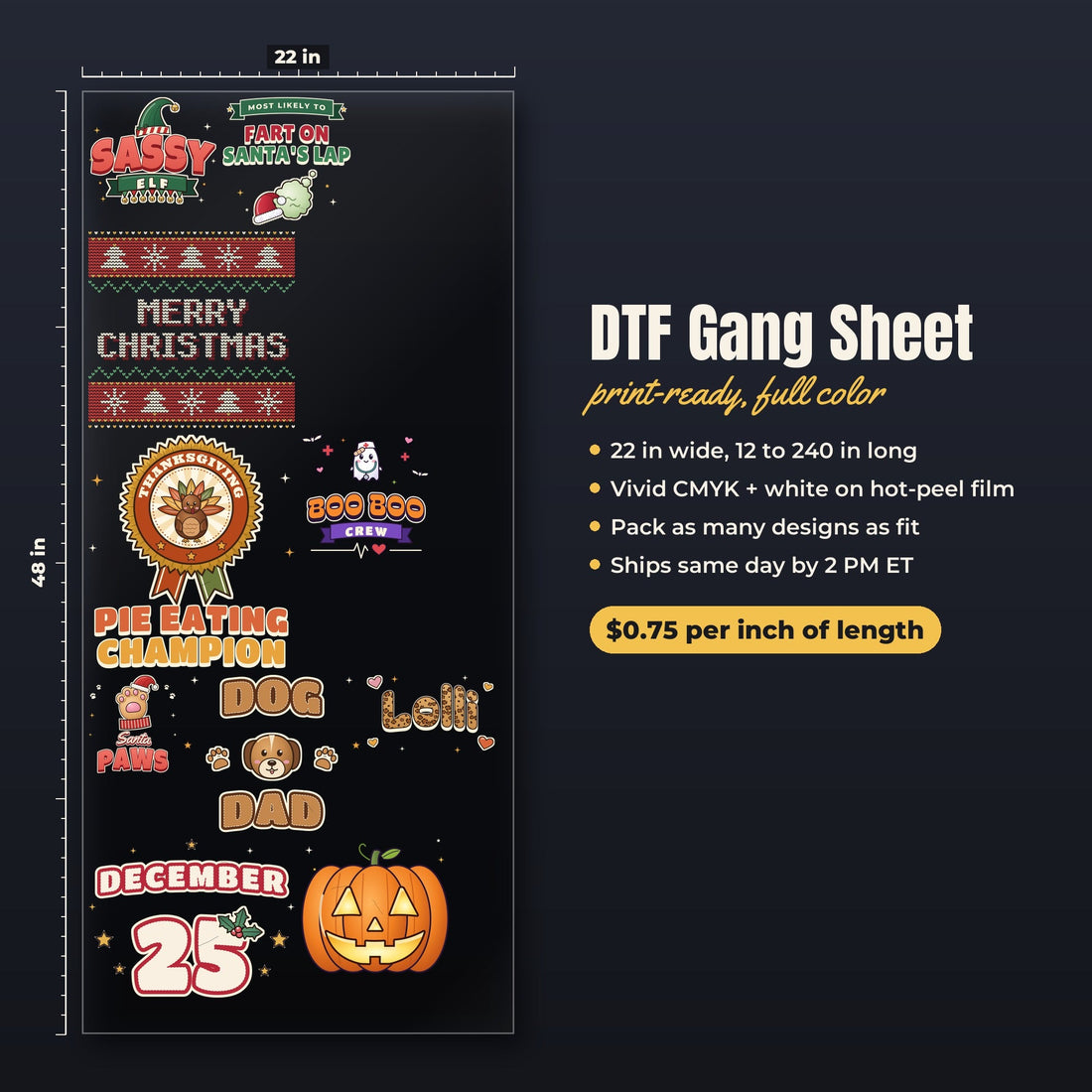 DTF gang sheet ready to ship: 22 inch wide sheet packed with designs