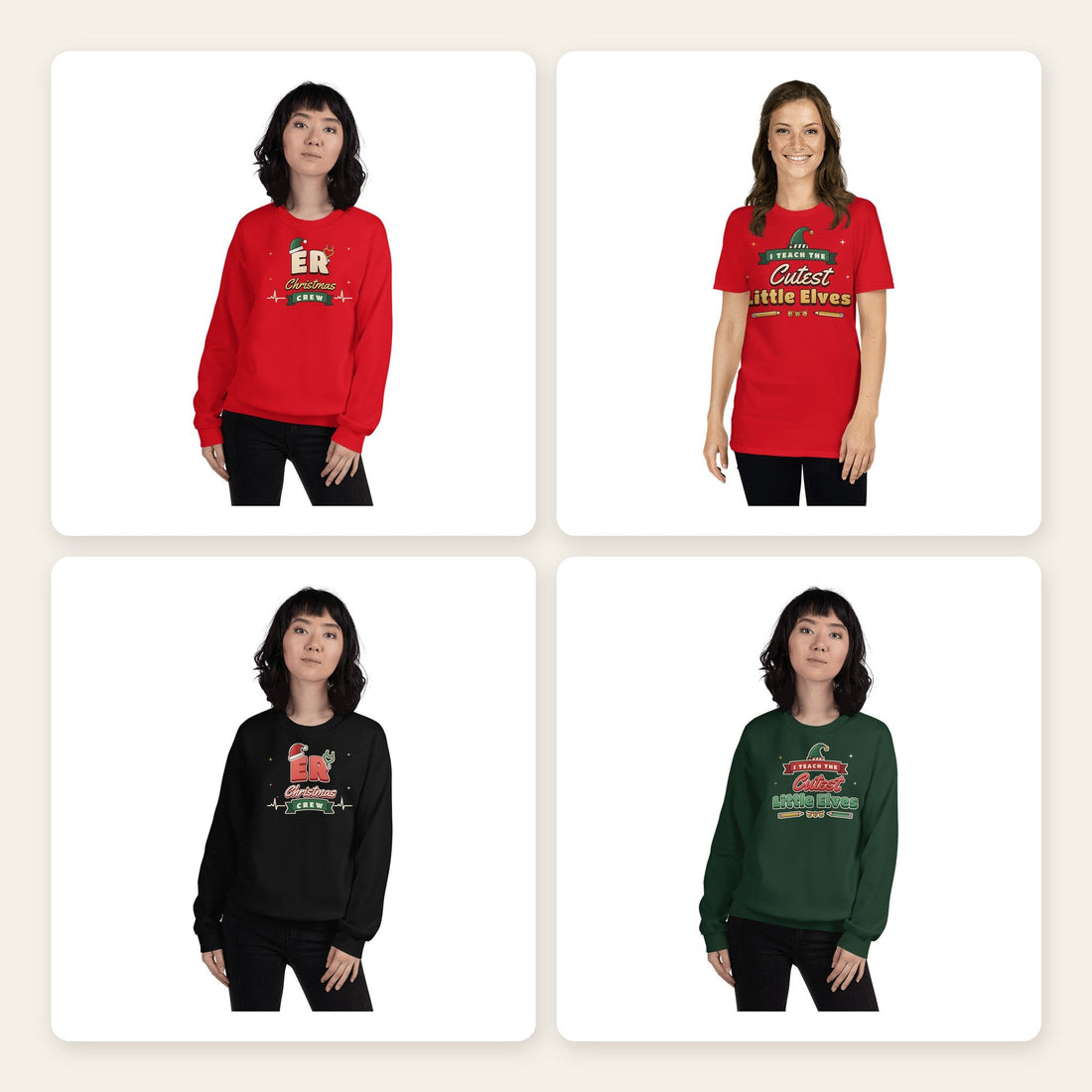 ER Christmas Crew nurse sweatshirts and I Teach the Cutest Little Elves teacher Christmas shirt and sweatshirt