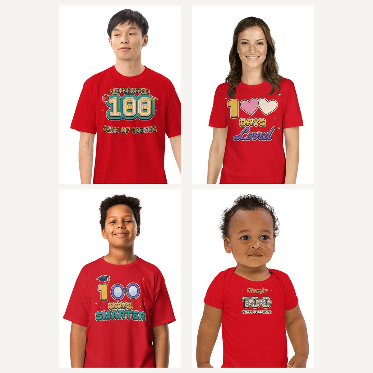 100 Days of School Shirts in Red, family set