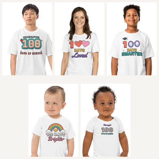 100 Days of School Shirts in White, family set