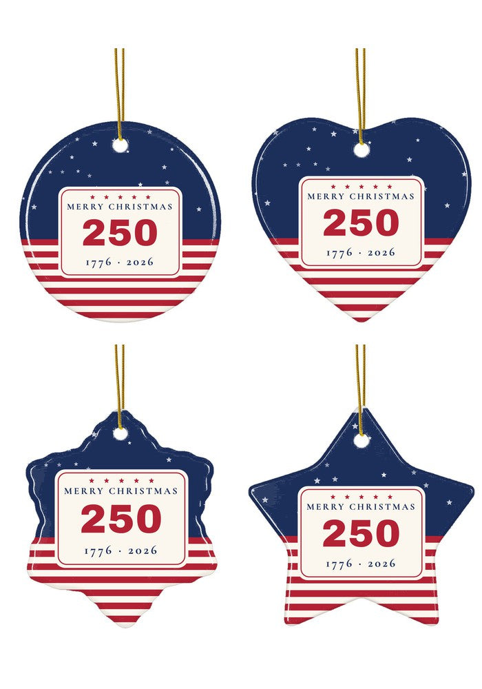 America 250 Christmas ornament 1776 to 2026 in circle, heart, snowflake and star