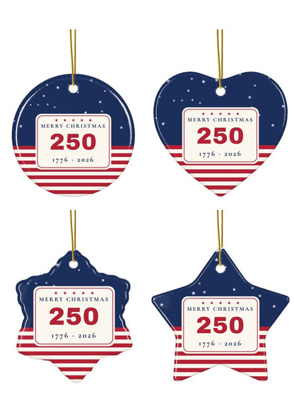 America 250 Christmas ornament 1776 to 2026 in circle, heart, snowflake and star
