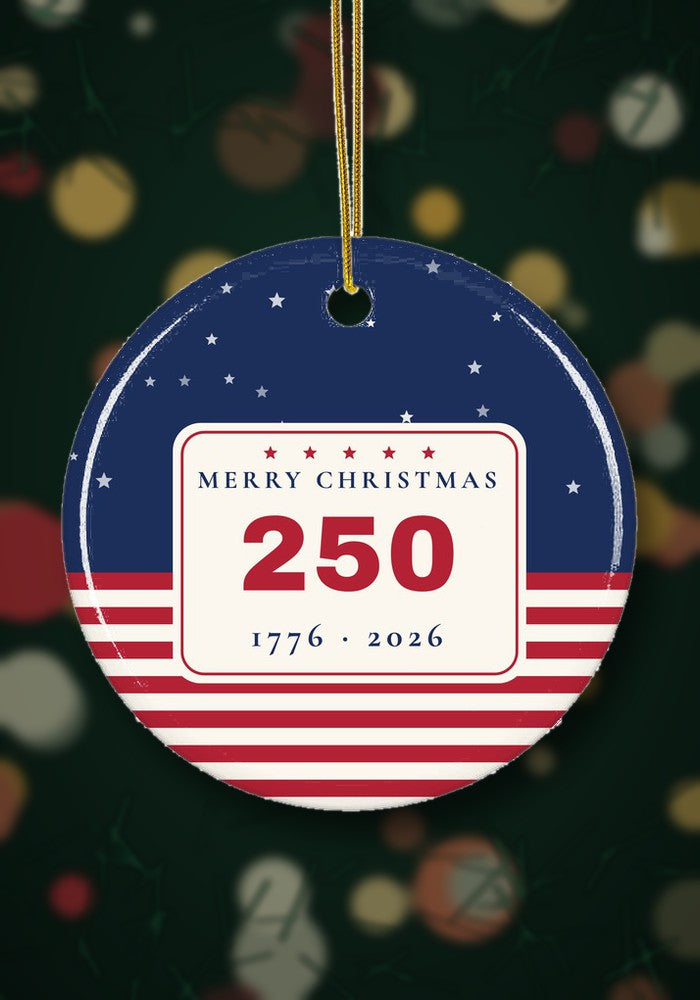 America 250 Christmas ornament 1776 to 2026 hanging on a Christmas tree