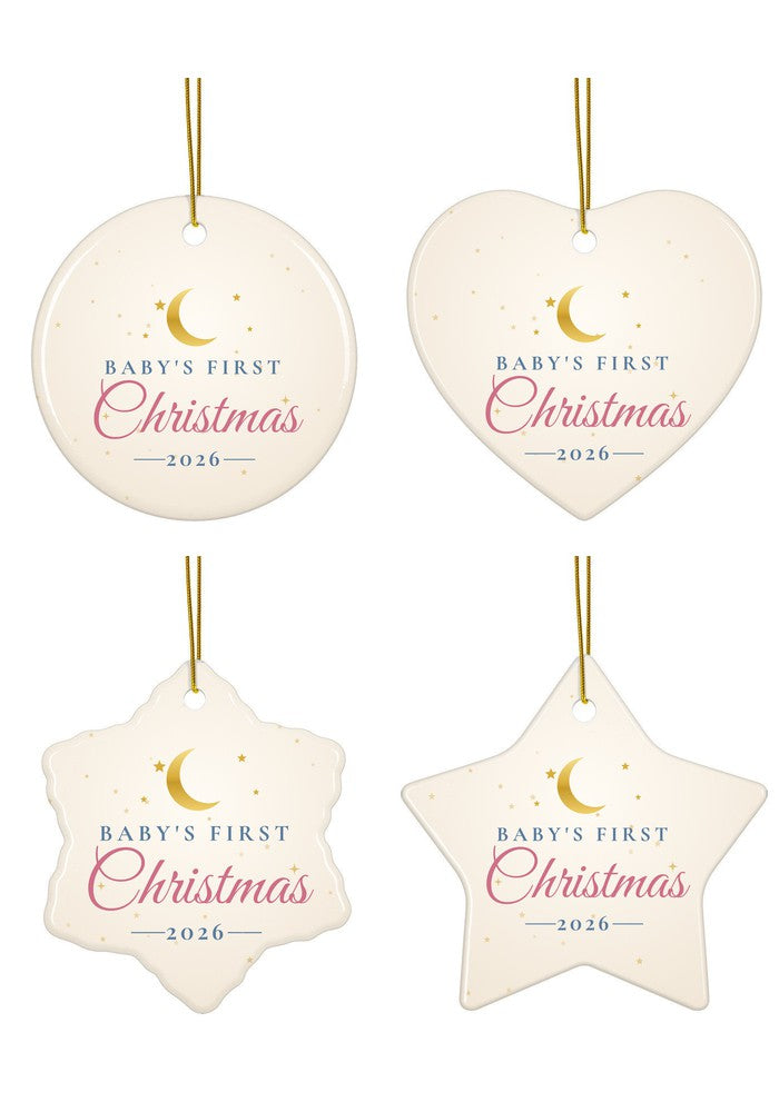 Baby's First Christmas 2026 ornament in all four shapes: circle, heart, snowflake and star
