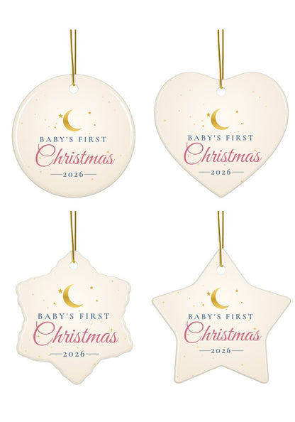 Baby's First Christmas 2026 ornament in all four shapes: circle, heart, snowflake and star