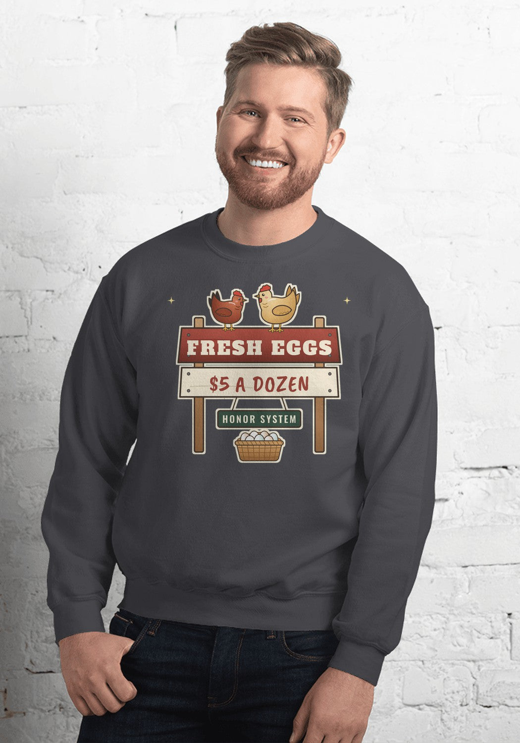 Fresh Eggs Honor System sweatshirt in Dark Heather