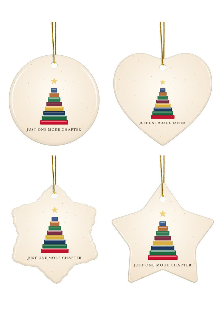 Book lover Christmas ornament with a tree of books in circle, heart, snowflake and star