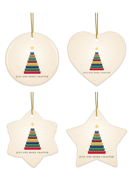 Book lover Christmas ornament with a tree of books in circle, heart, snowflake and star