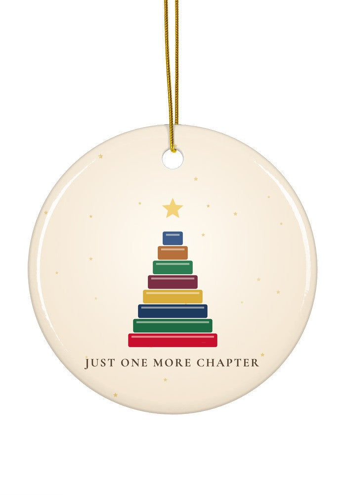 Book lover Christmas ornament with a tree of books, circle shape