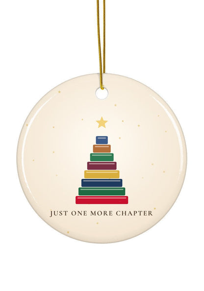 Book lover Christmas ornament with a tree of books, circle shape