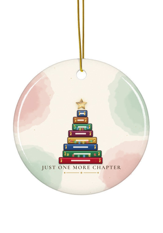 Book lover Christmas ornament with a tree of books, circle shape