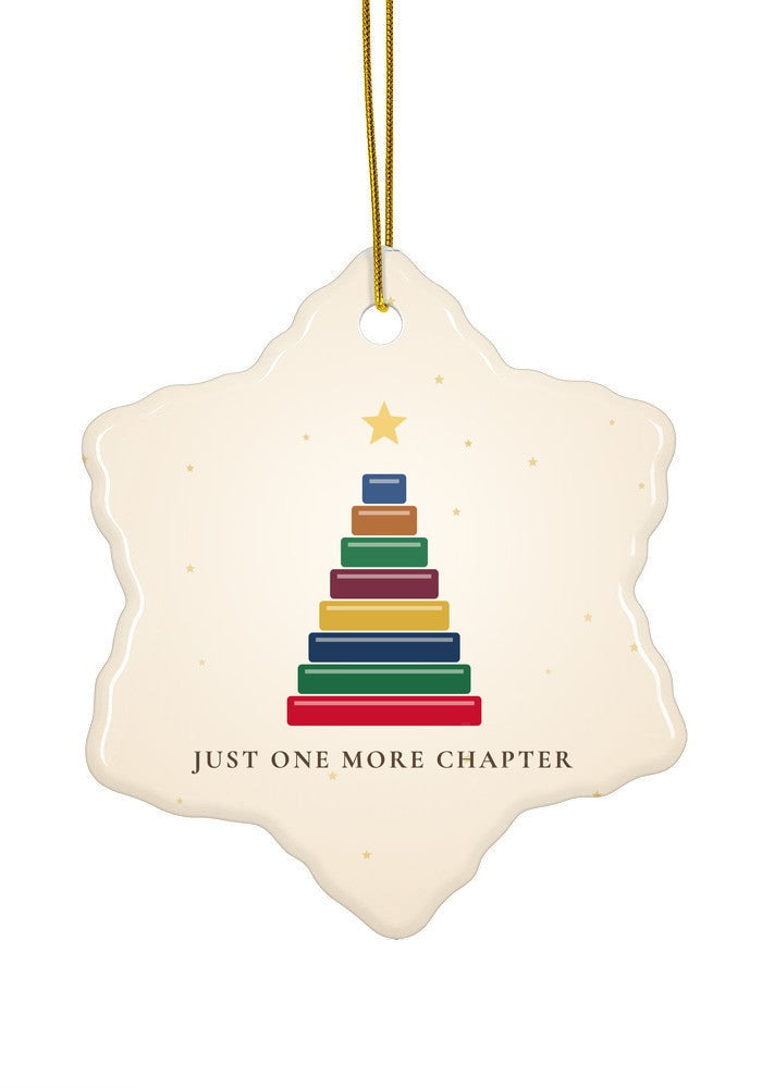 Book lover Christmas ornament with a tree of books, snowflake shape