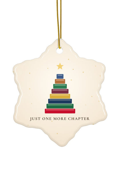 Book lover Christmas ornament with a tree of books, snowflake shape