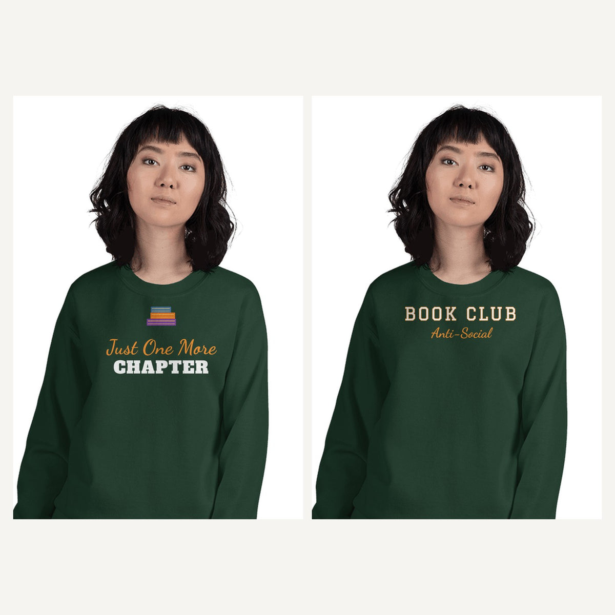 Bookish Sweatshirts for Book Lovers in Forest Green, matching set