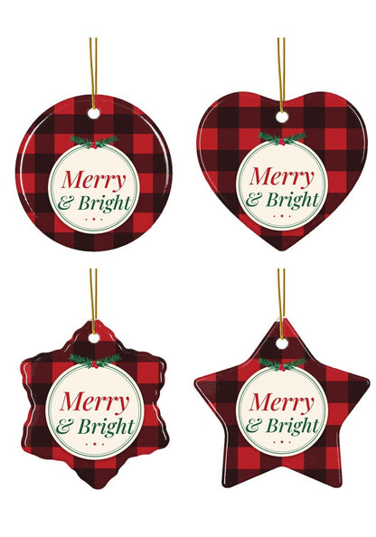 Buffalo Plaid Merry & Bright ornament in all four shapes: circle, heart, snowflake and star