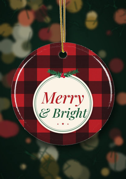 Buffalo Plaid Merry & Bright ornament hanging on a Christmas tree