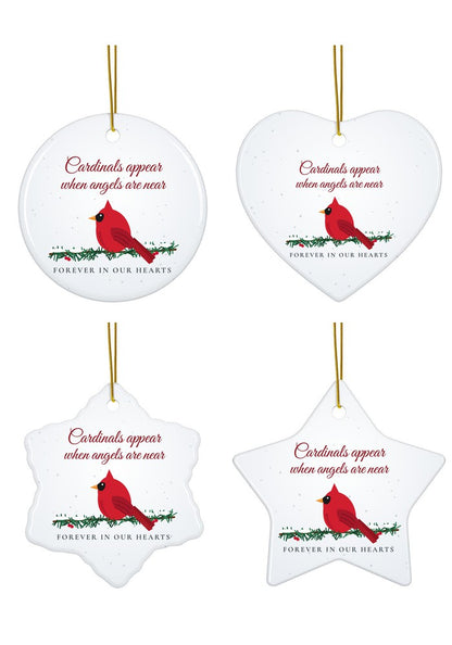 Cardinals Appear When Angels Are Near memorial ornament in all four shapes: circle, heart, snowflake and star