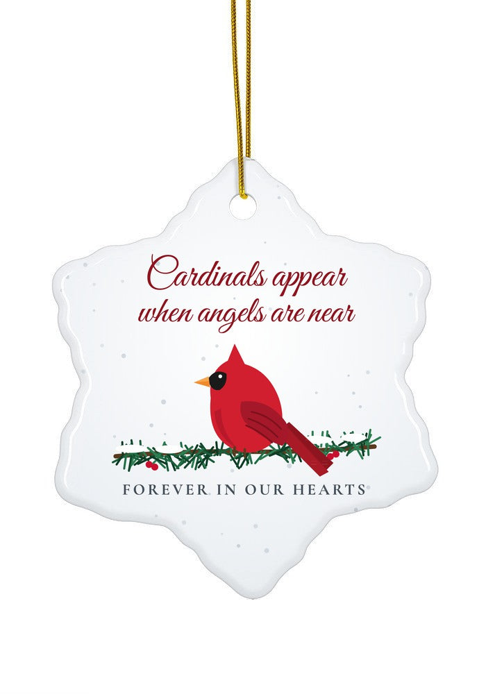 Cardinals Appear When Angels Are Near memorial ornament, snowflake shape