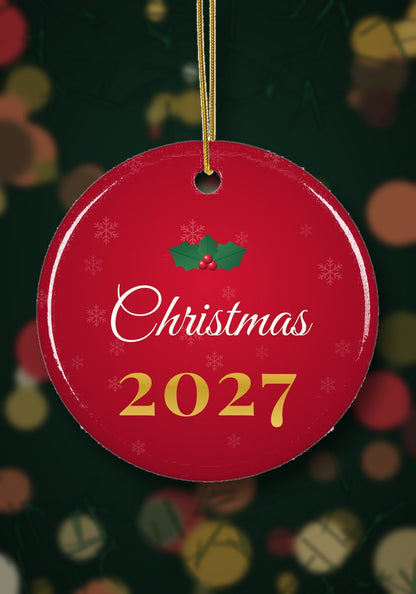 Christmas 2026 ornament hanging on a Christmas tree