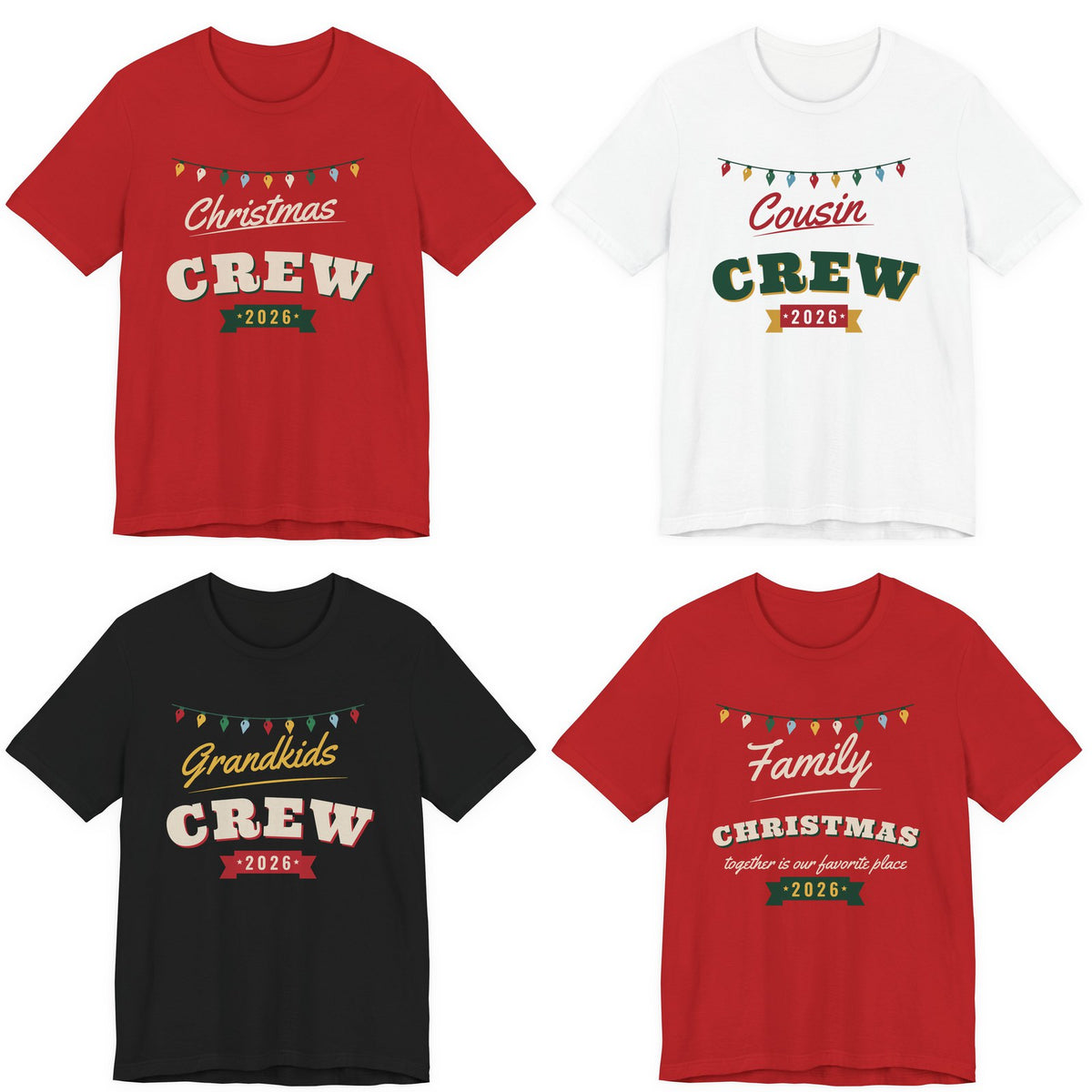 Matching Christmas Crew 2026 family shirts in red, white and black