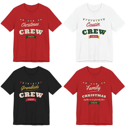 Matching Christmas Crew 2026 family shirts in red, white and black