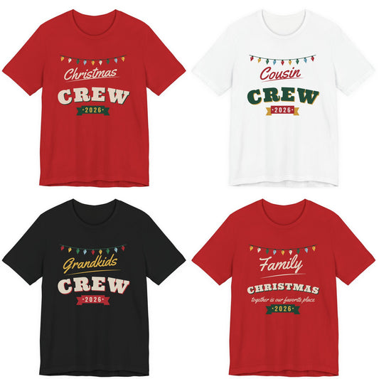 Matching Christmas Crew 2026 family shirts in red, white and black