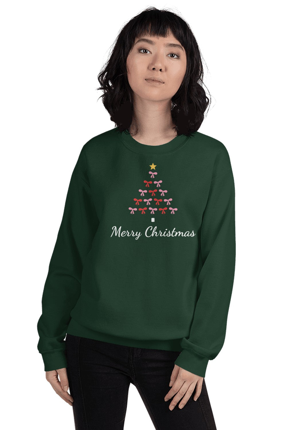Coquette Bow Christmas Tree Sweatshirt in Forest Green