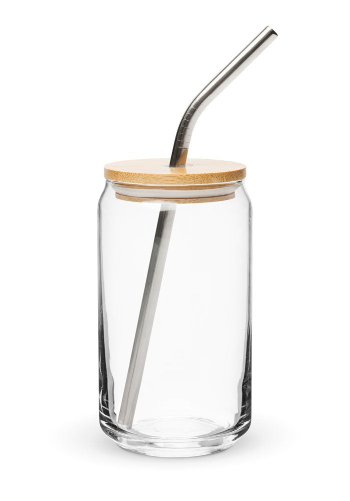 Custom can-shaped glass with bamboo lid and straw, 16 oz