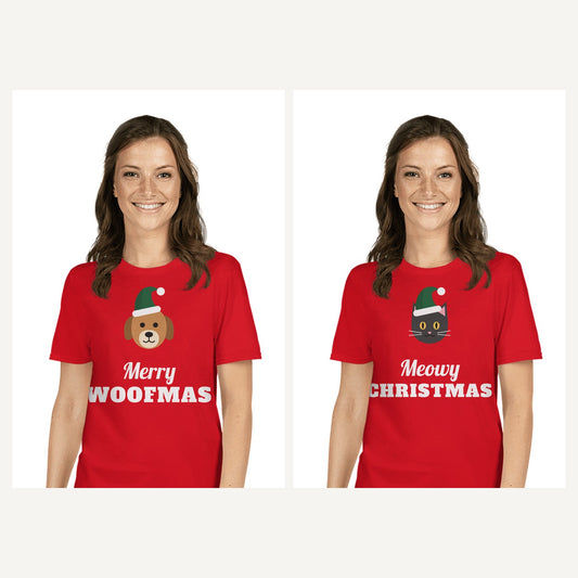 Dog and Cat Lover Christmas Shirts in Red, matching set