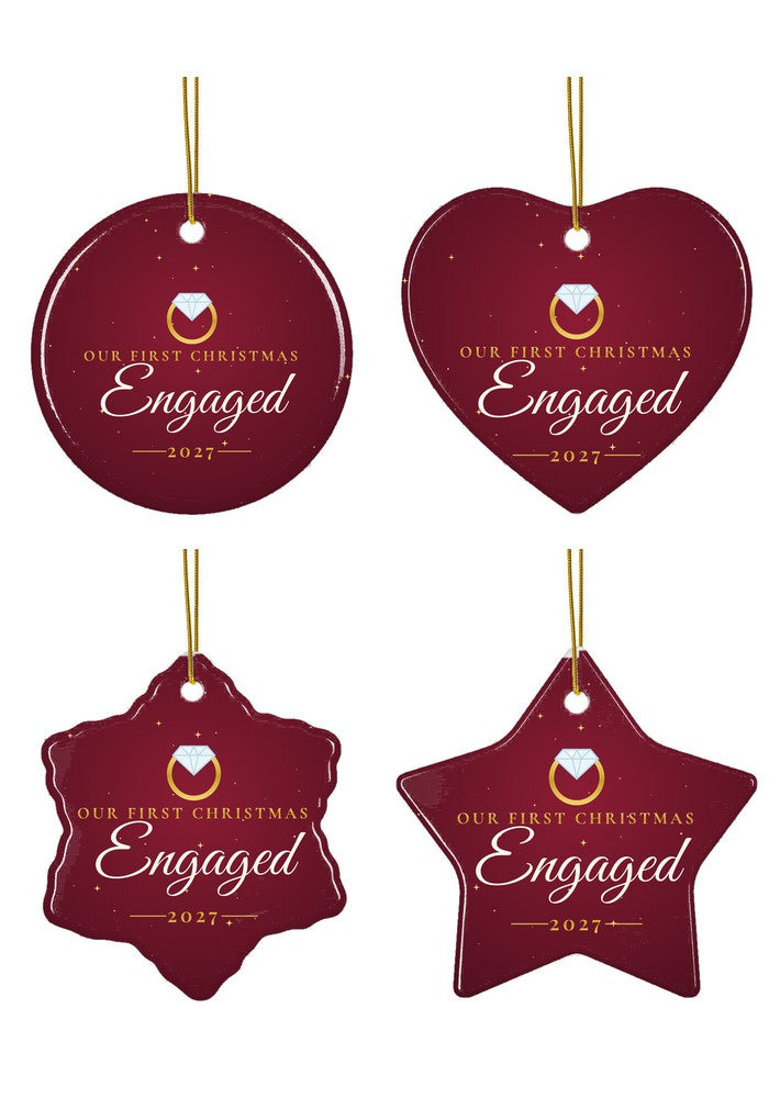 Our First Christmas Engaged ornament in circle, heart, snowflake and star