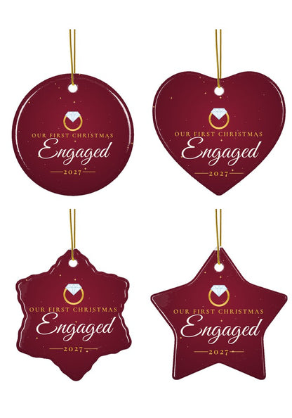 Our First Christmas Engaged ornament in circle, heart, snowflake and star