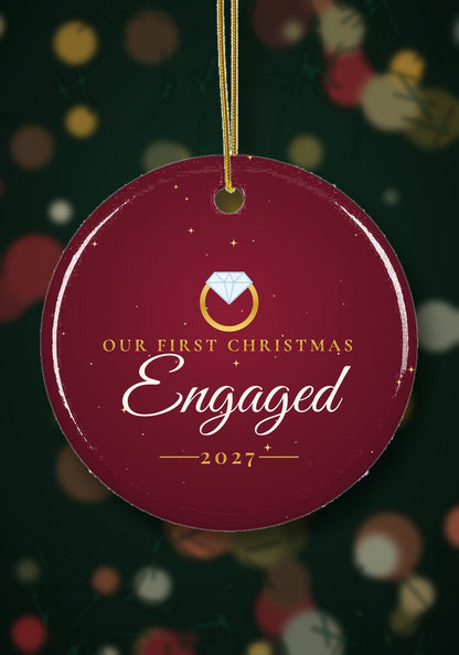 Our First Christmas Engaged ornament hanging on a Christmas tree