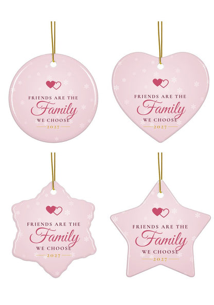 Friends are the family we choose ornament in circle, heart, snowflake and star