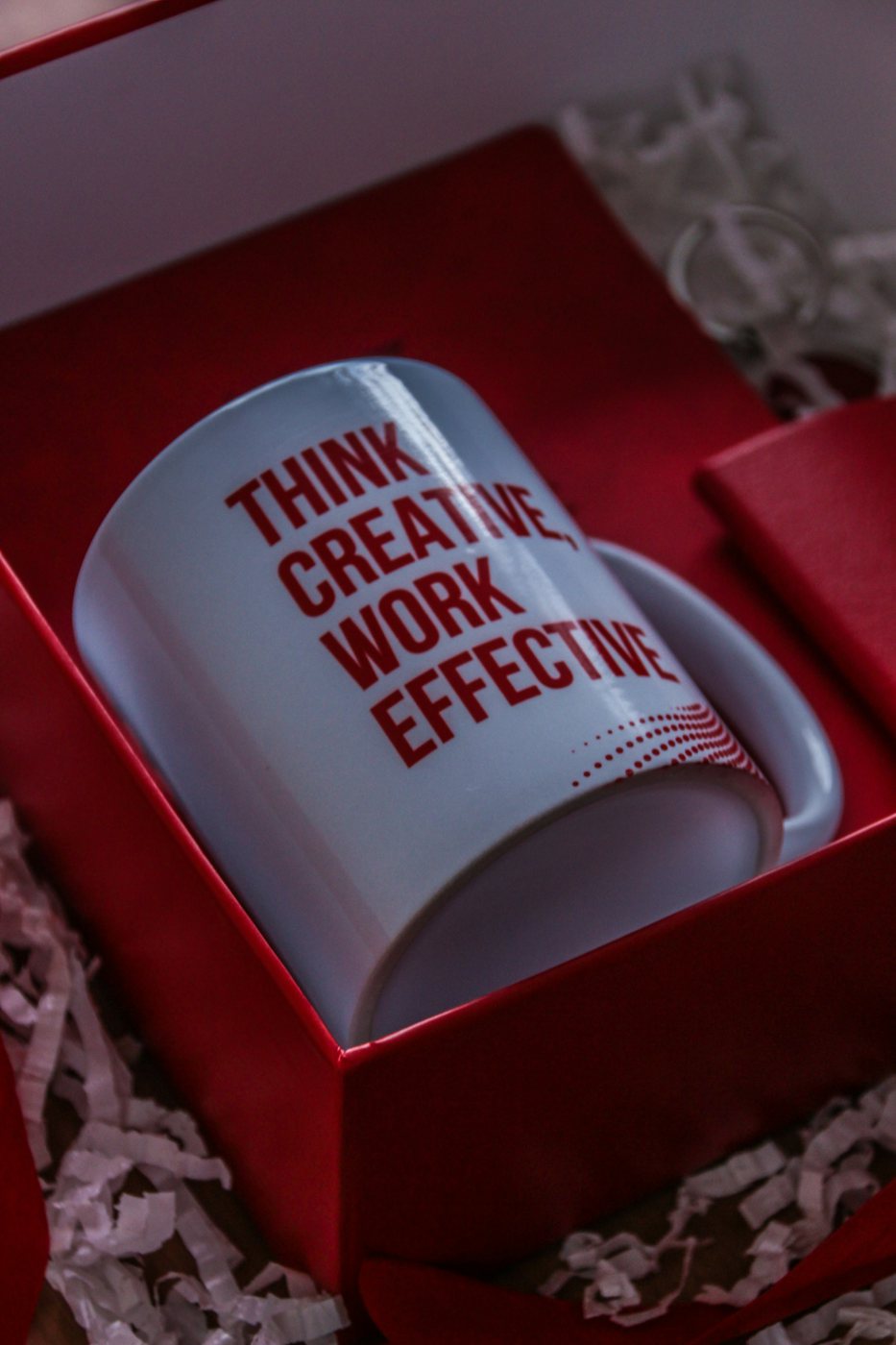 Printed mug in a red gift box for a client or team gift
