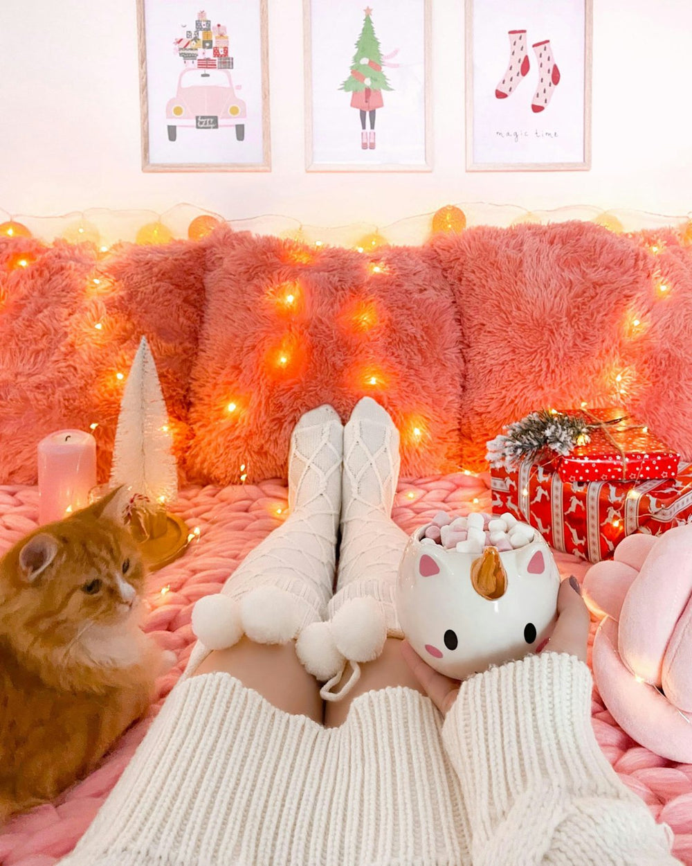 Cozy bedroom with framed holiday prints, a pink blanket and a cat