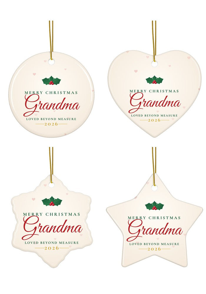 Merry Christmas Grandma ornament in circle, heart, snowflake and star