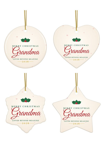 Merry Christmas Grandma ornament in circle, heart, snowflake and star