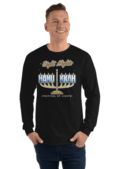 Eight Nights Menorah long sleeve pajama tee in Black