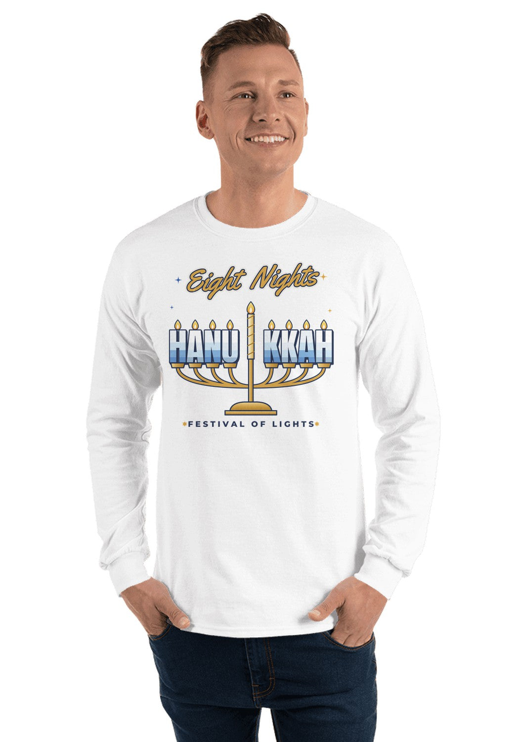 Eight Nights Menorah long sleeve pajama tee in White