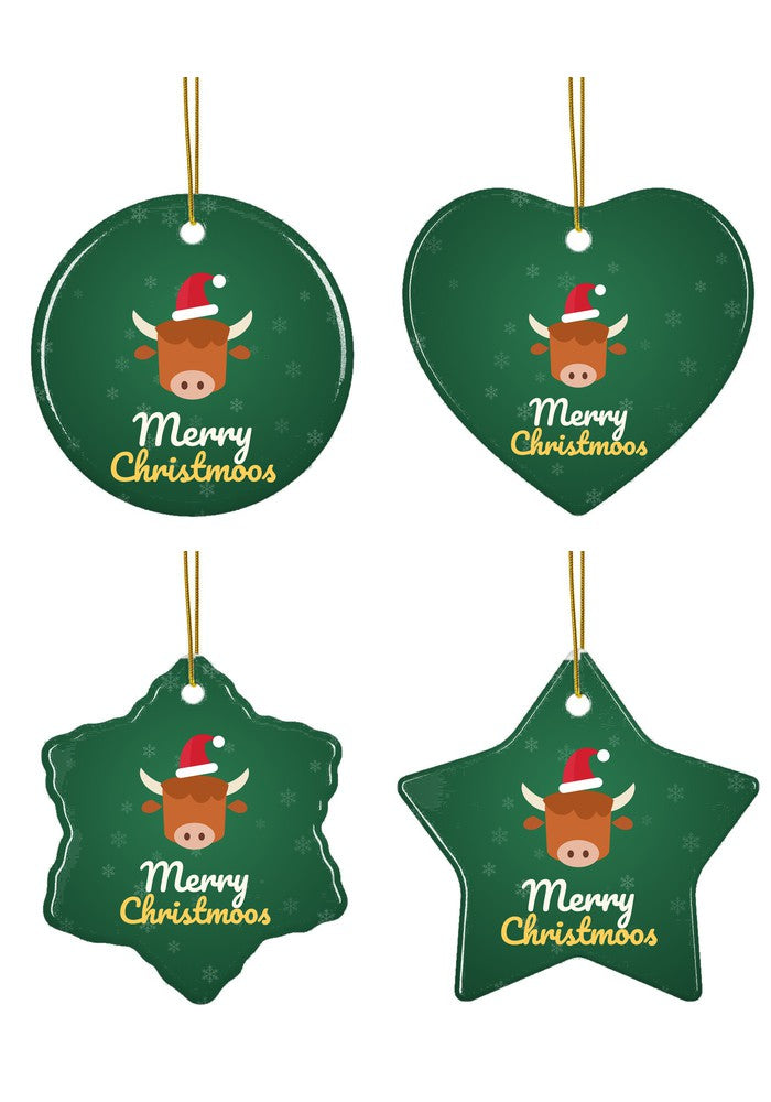 Highland cow Merry Christmoos ornament in circle, heart, snowflake and star
