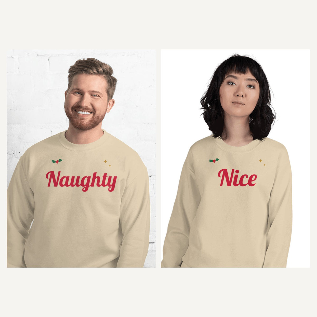 Matching Couples Christmas Sweatshirts in Sand, matching set