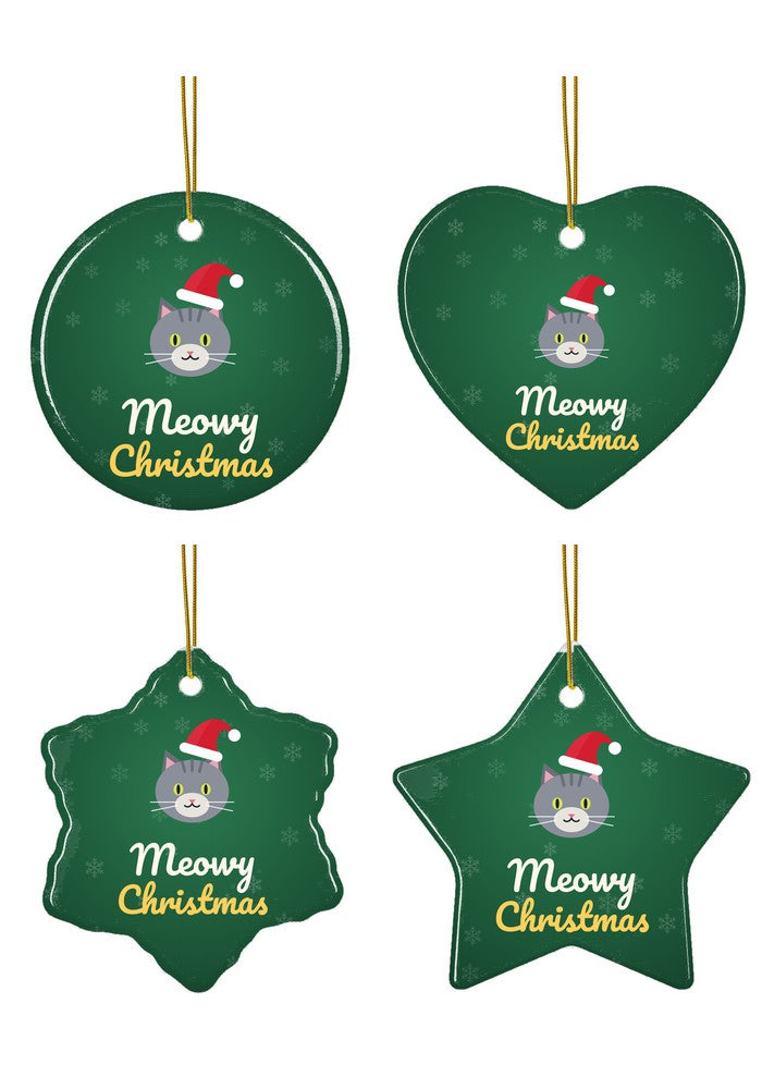 Meowy Christmas cat ornament in circle, heart, snowflake and star