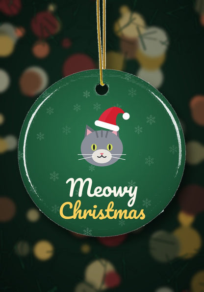 Meowy Christmas cat ornament hanging on a Christmas tree