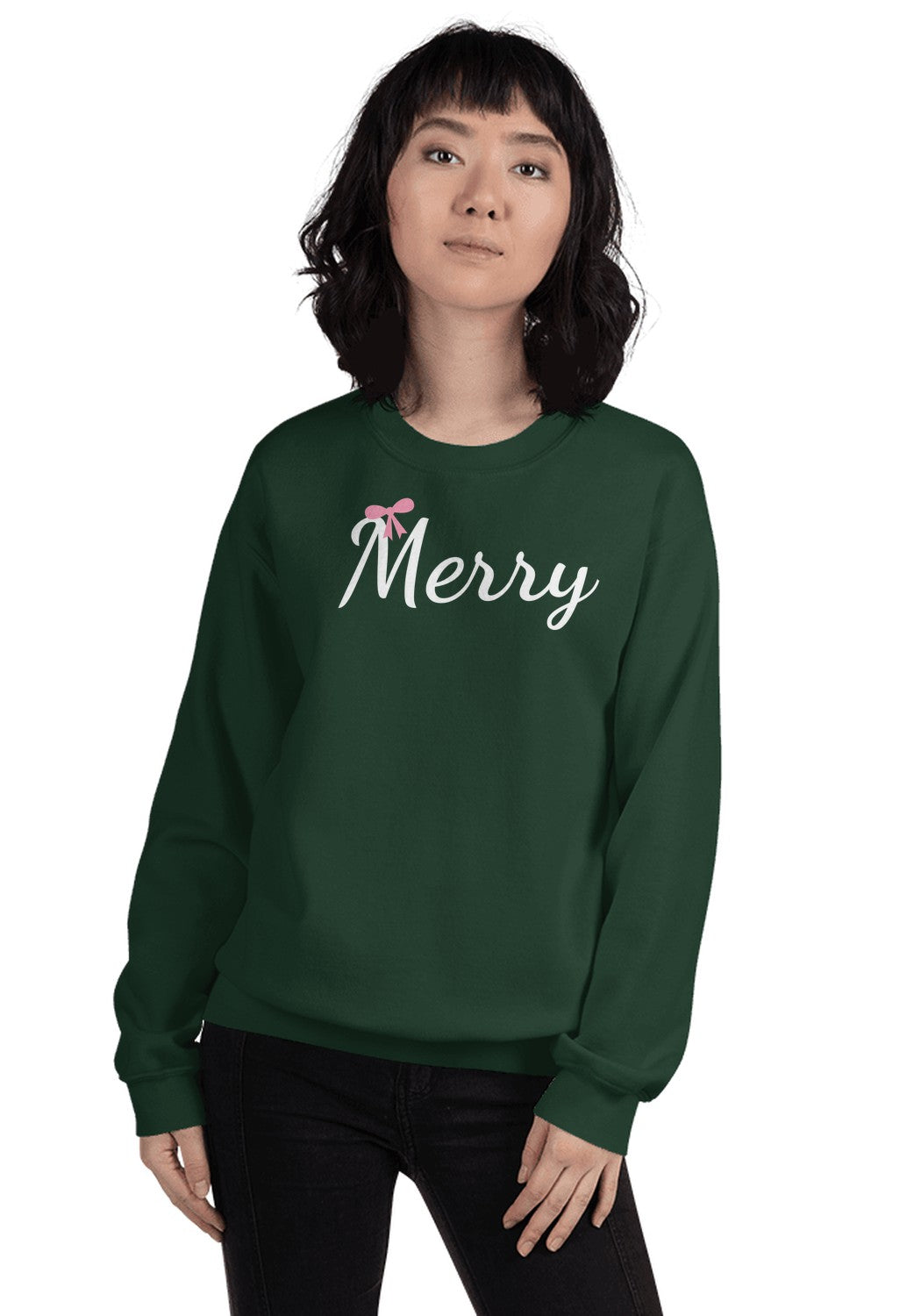 Merry Bow Christmas Sweatshirt in Forest Green